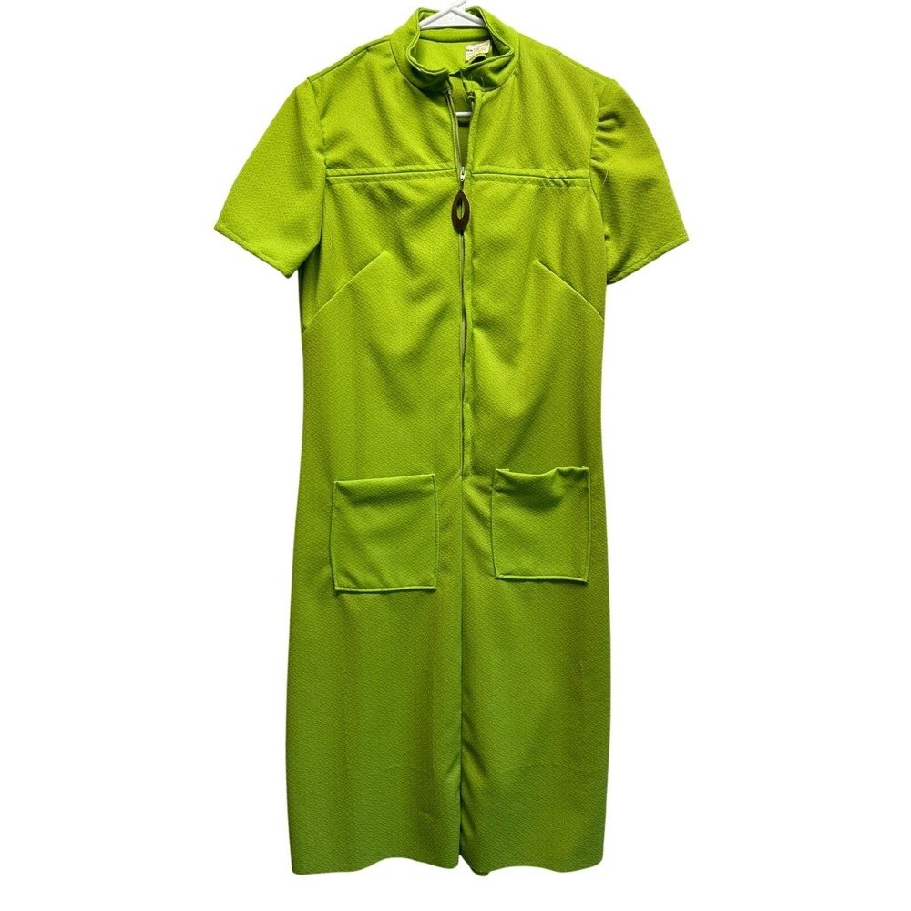 Vintage JCPenney Lime Green Housecoat Dress Front‎ Zip Pockets Medium Cottage